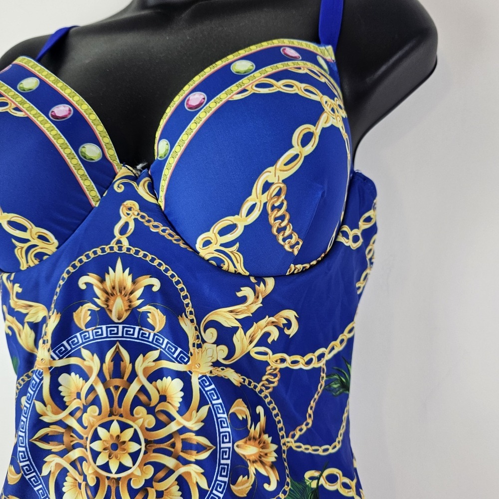 Ladies Blue Gold Swimsuit and Cover Up Sarong Tropical XL One Piece Bathing Suit - Picture 4 of 9